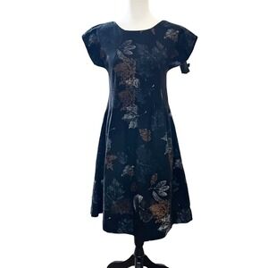 Vintage Vicky Vaughn Dress Size Small Cotton Black Smocked Waist Leaf Print